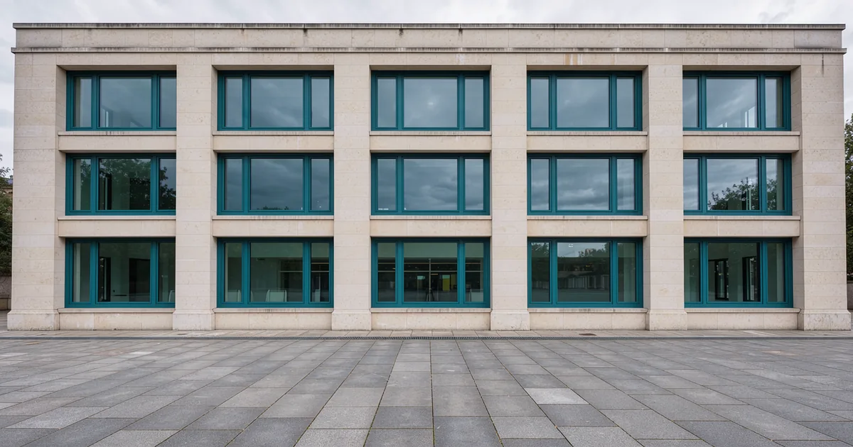 A public archive facade of pale stone and teal window recesses arranged in a calm rectangular grid.