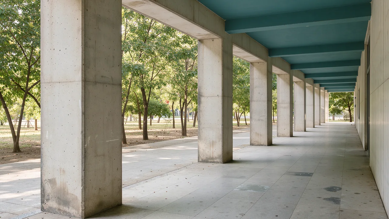 A sequence of pale concrete columns frames a shaded pedestrian passage beside green trees.