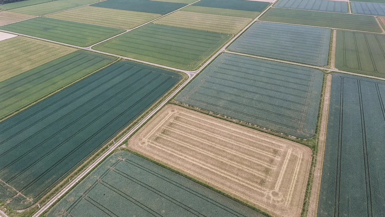 Rectangular agricultural fields form a patchwork of pale green and deep teal from above.