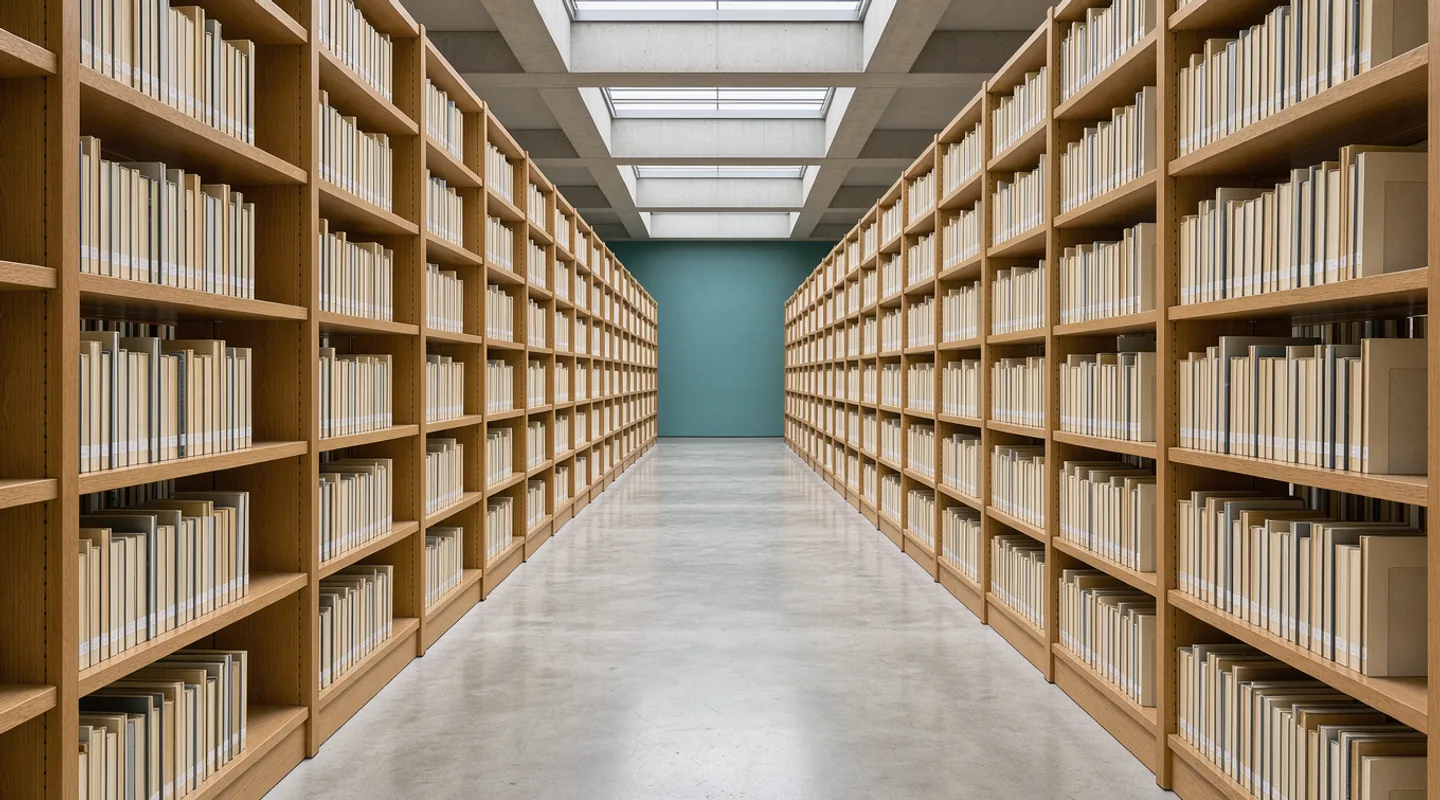 Long parallel library shelves beneath a pale concrete ceiling, viewed down an empty central aisle.