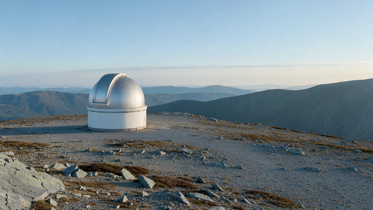 A small white observatory dome sits on a rocky mountain plateau beneath a pale morning sky.