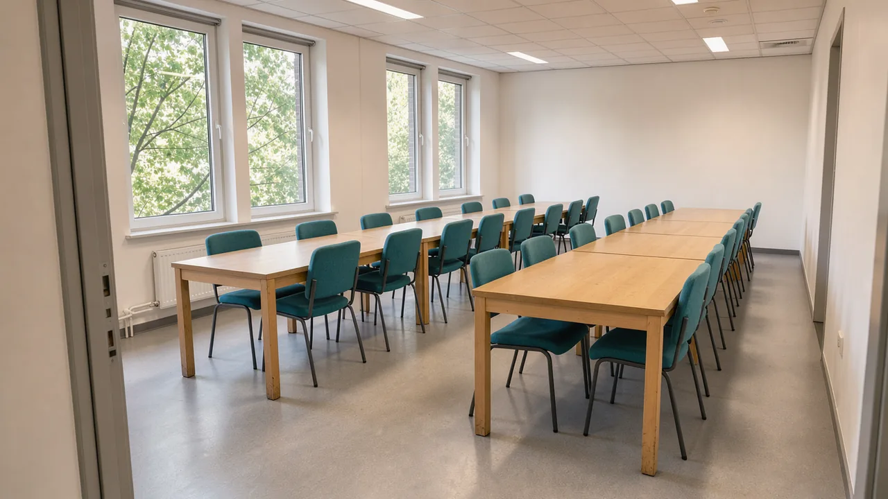 An empty public reading room with pale wood tables and tall windows overlooking trees.