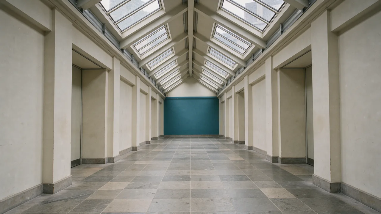 Repeated sawtooth roof windows cast broad bands of daylight across an archive corridor.