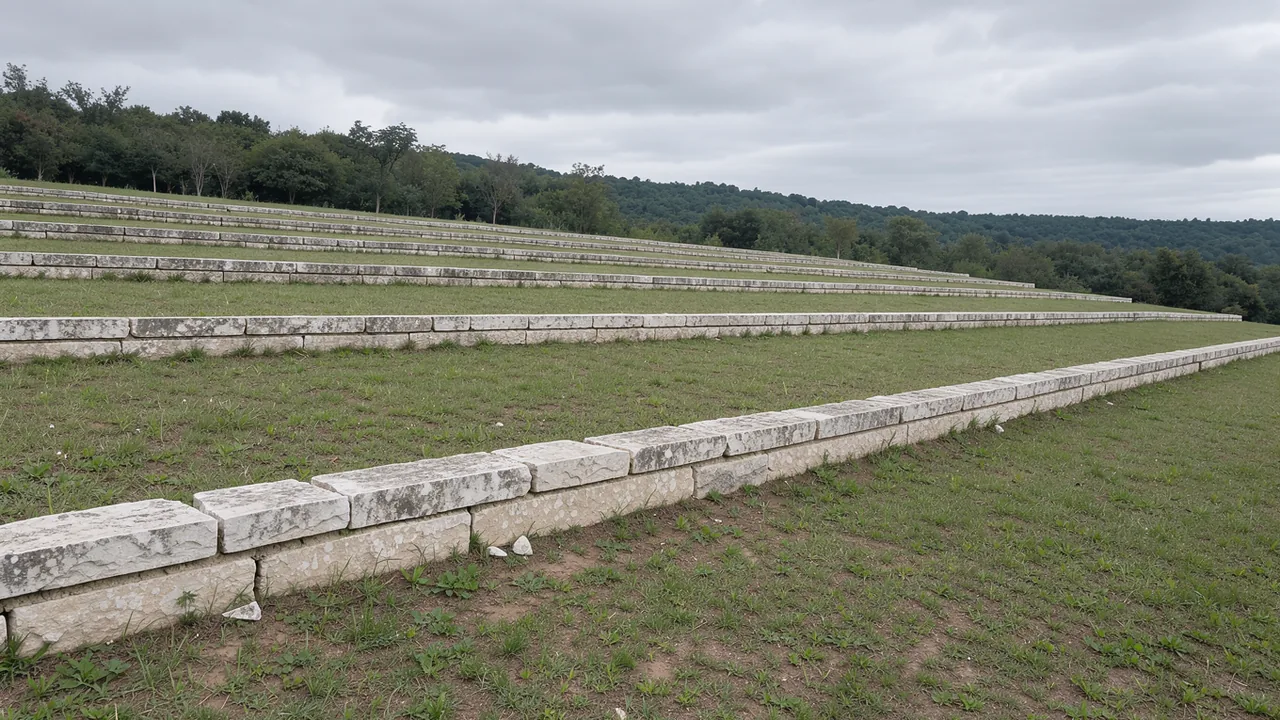 Pale stone retaining walls form a series of broad terraces on a green hillside.